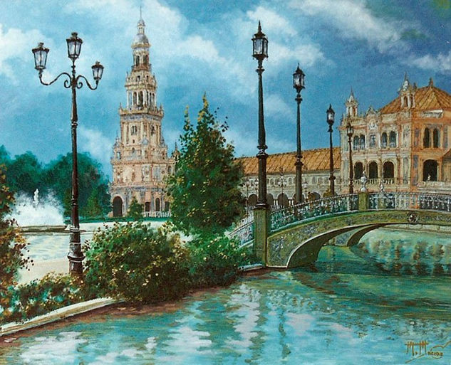 Sevilla (Plaza de España). Óleo Lienzo Paisaje