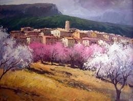 ALMENDROS EN FLOR EN UN PUEBLO MEDITERRANEO. Óleo Lienzo Paisaje