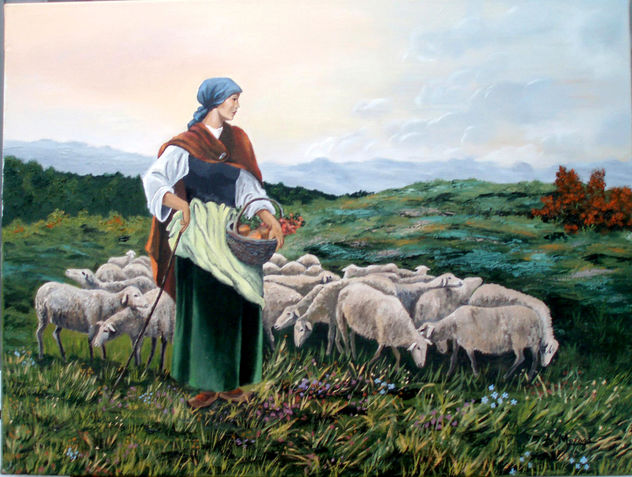 Chica pastoreando con ovejas