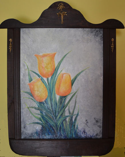 Tulipanes sobre fondo gris Acrylic Panel Floral Painting