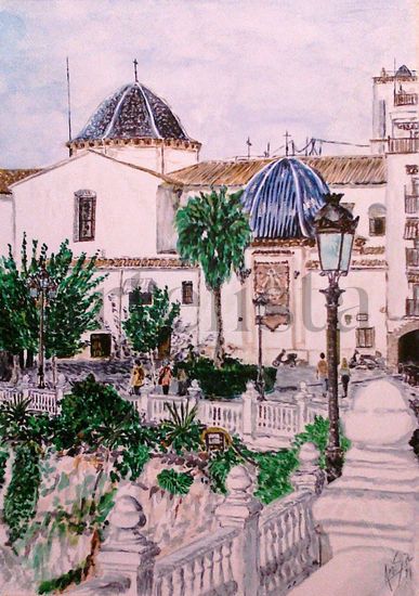 Plaza Del Castell e Iglesia de San Jaime de Benidorm (Alicante) Acuarela Papel Paisaje