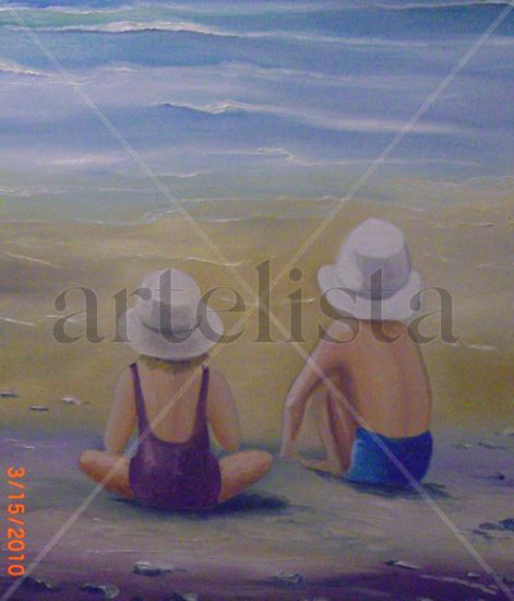 Niños en la Playa Oil Canvas Figure Painting