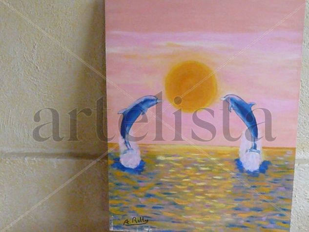 Delfines saltando al atardecer Acrylic Panel Marine Painting