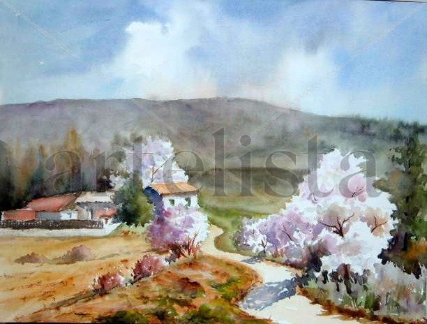 Almendros en flor Acuarela Papel Paisaje