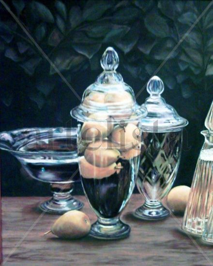 PERAS EN UN JARRÓN. Watercolour Canvas Still Life Paintings