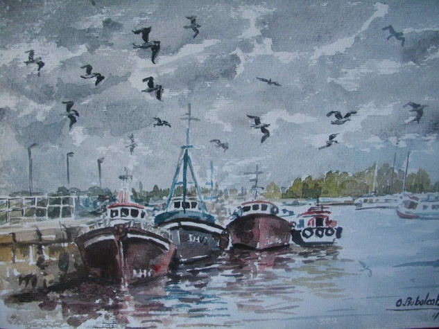 Barcos y gaviotas Acrylic Paper Marine Painting