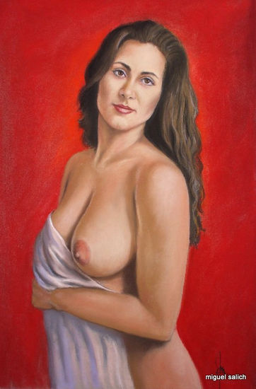 Yamila y el cuadro rojo Pastel Cartulina Desnudos