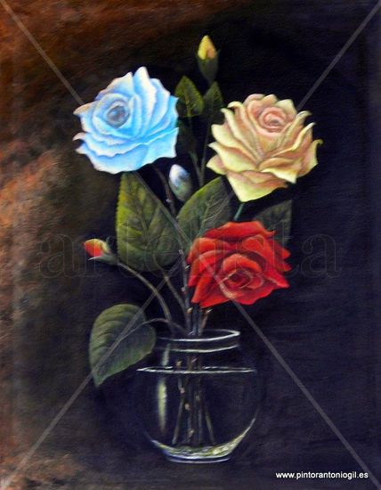 tres rosas Oil Canvas Floral Painting