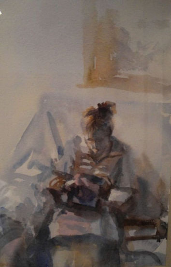 Mujer cosiendo. Watercolour Paper Figure Painting