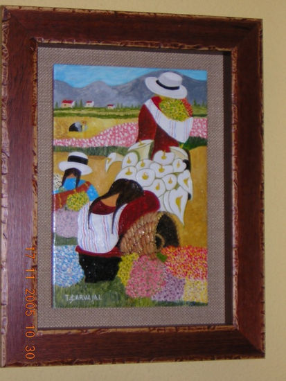 Campesinas en campos de flores. Oil Others Landscaping