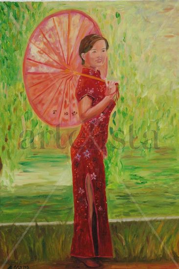 Mujer Oriental con Sombrilla Oil Canvas Landscaping