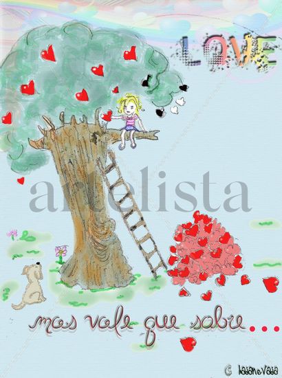 niña en árbol corazón Técnica Mixta