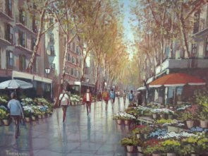 LAS RAMBLAS DE BARCELONA Óleo Lienzo Paisaje