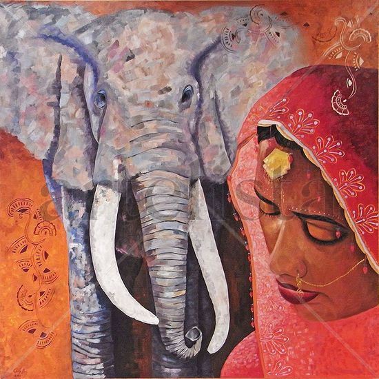 Dona i elefant Oil Canvas Portrait