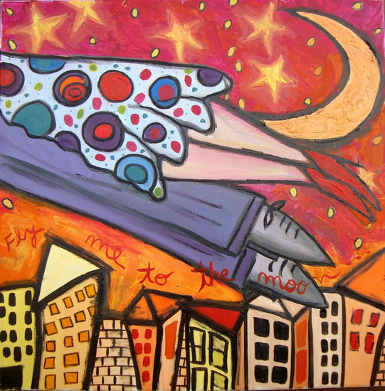 FLY ME TO THE MOON Mixed media Canvas Landscaping