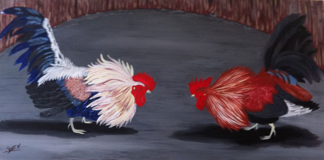 Pelea de gallos 24x48 oil on canvas
