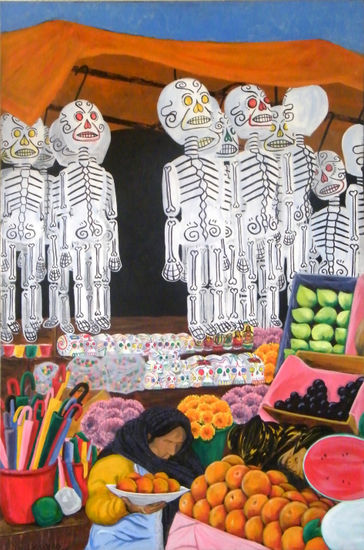 Dia de muertos en el mercado Óleo Lienzo Paisaje