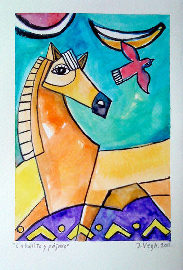 Caballito y Pájaro Acuarela Papel Animales