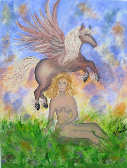 Ella y el caballo alado Oil Canvas Figure Painting