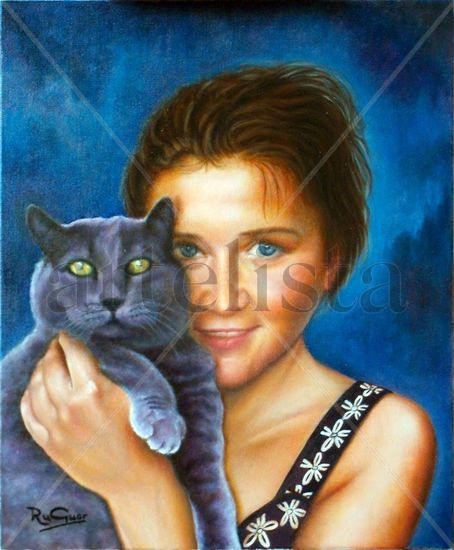 JOVEN CON GATO Óleo Lienzo Retrato