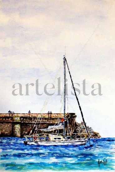 Velero desde Playa La Griega (Asturias) Acuarela Papel Marina