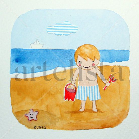 Niño en la playa Watercolour Paper Others