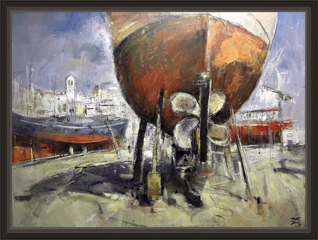 AMETLLA DE MAR-PORT-PUERTO-MARINAS-BARCOS-PINTURAS-CUADROS-ERNEST DESCALS Oil Canvas Marine Painting