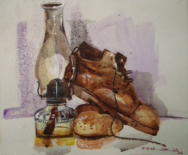 Bota y Quinqué Watercolour Panel Still Life Paintings