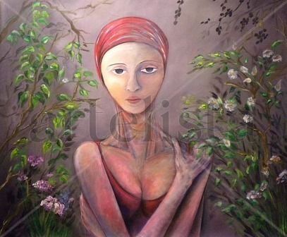 La Mujer de la Gorra Roja en el Edén, 2010 Acrylic Canvas Figure Painting