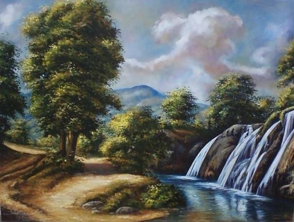 paisaje con cascada Oil Canvas Landscaping