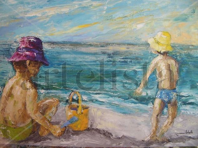 Crianças na praia XI Oil Textile Marine Painting