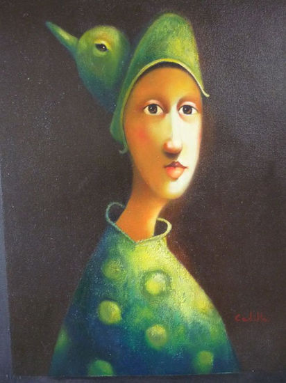 LA CHICA DEL PAJARITO VERDE Oil Canvas Portrait