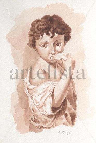 Niño comiendo Watercolour Paper Portrait