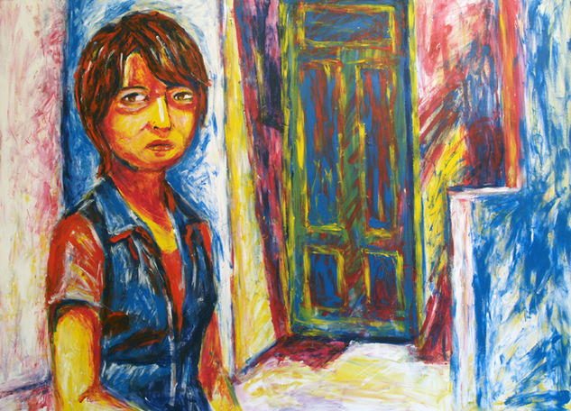 retrato de Diana y puerta azul Acrylic Canvas Portrait