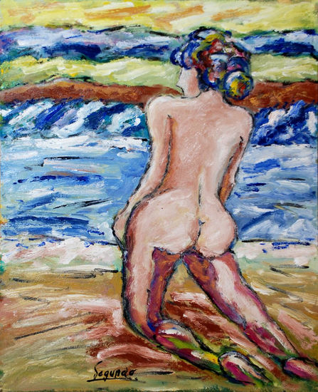 MUJER EN LA PLAYA Óleo Tabla Desnudos