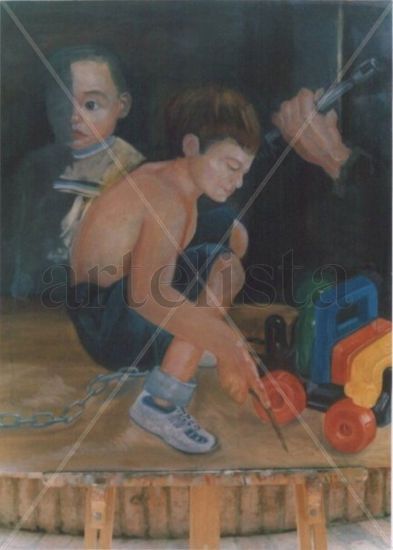 NIÑO JUGANDO Oil Canvas Figure Painting