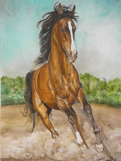 Caballo Alazan al galope Watercolour Paper Animals