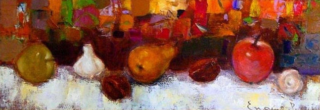 Still life with fruits garlic pecan and sea shell Óleo Lienzo Bodegones