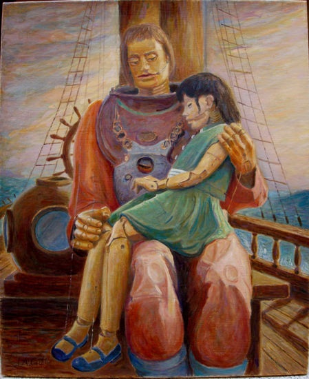 "Marionetas en el barco" Oil Canvas Figure Painting