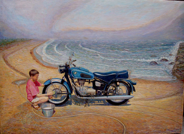 "Jose Antonio lavando la BMW R-27" Oil Canvas Figure Painting