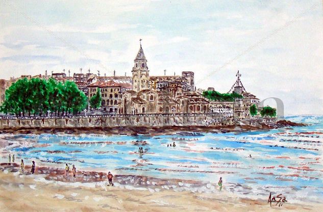 PLAYA DE SAN LORENZO e IGLESIA DE SAN PEDRO (Gijón-Asturias). Acuarela Papel Paisaje