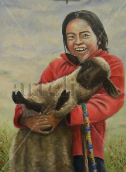 Niña con borrego Óleo Lienzo Paisaje