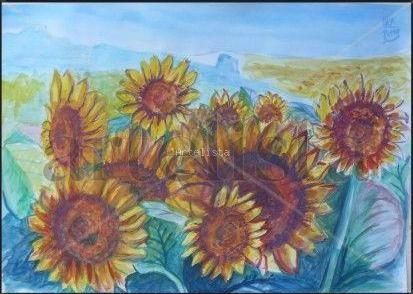 Campo de Girasoles Acuarela Papel Paisaje