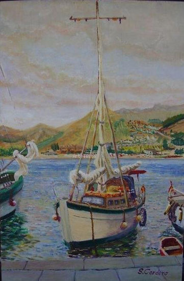 Yate con poblado de fondo Oil Panel Marine Painting