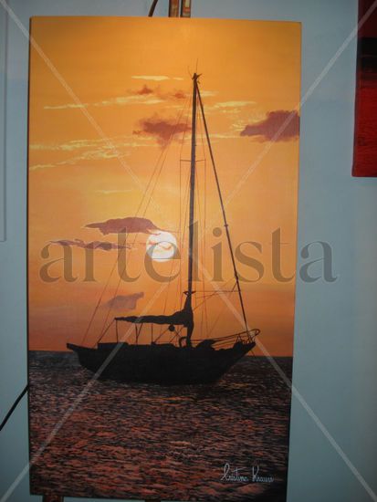 Velero en el poner del sol anaranjado Acrylic Textile Marine Painting