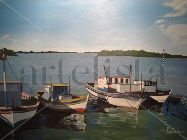 Barcos en el muelle Acrylic Textile Marine Painting