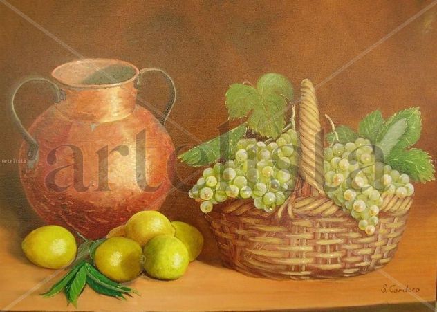Vasija de Cobre y Canasto con Uvas