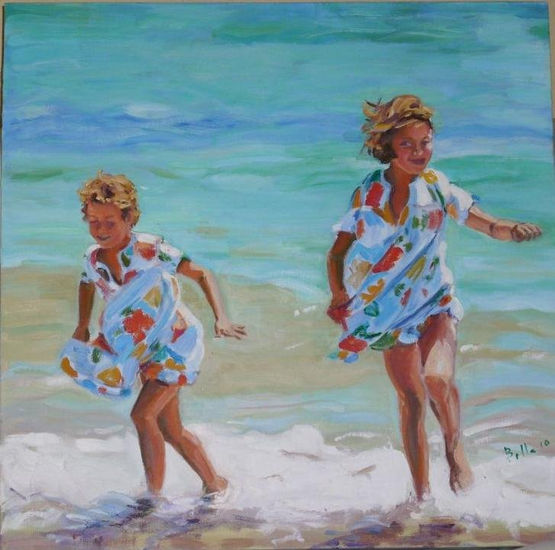 Niñas en la Playa Oil Canvas Figure Painting