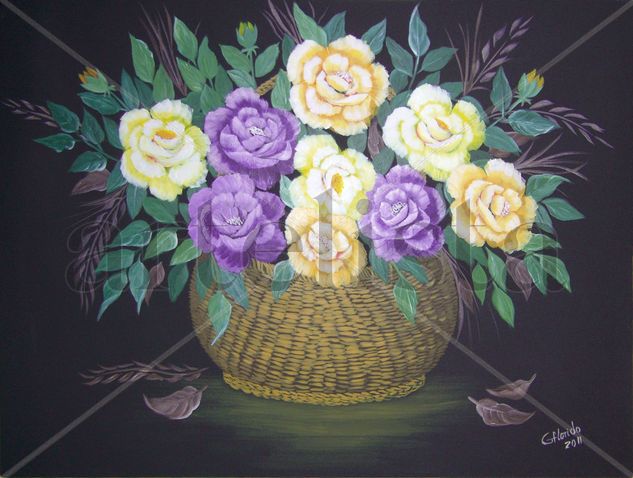 CESTA CON ROSAS Acrylic Canvas Floral Painting