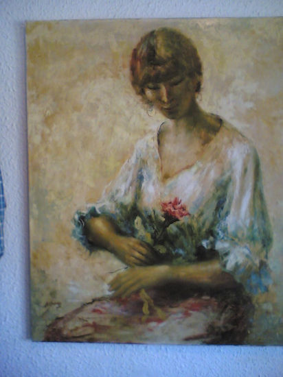 MUJER Y ROSA Óleo Lienzo Retrato